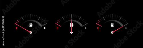 Fuel gauge scales with different level. Fuel measuring by gauge for control gas, gasoline or diesel level. Car dial fuel dashboard. Vector illustration