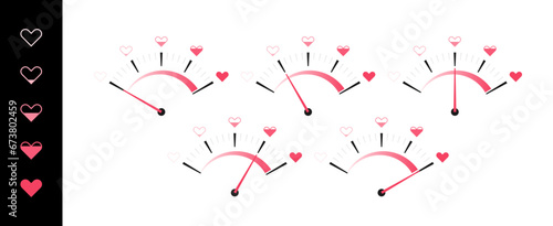 Meter of love with hearts. Different love level. Speedometer with measure feelings and romance. Measuring by gauge for control love, feelings and romance. Vector illustration