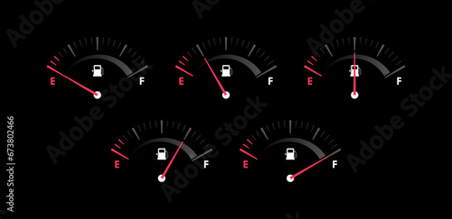 Fuel gauge scales with different level. Fuel measuring by gauge for control gas, gasoline or diesel level. Car dial fuel dashboard. Vector illustration