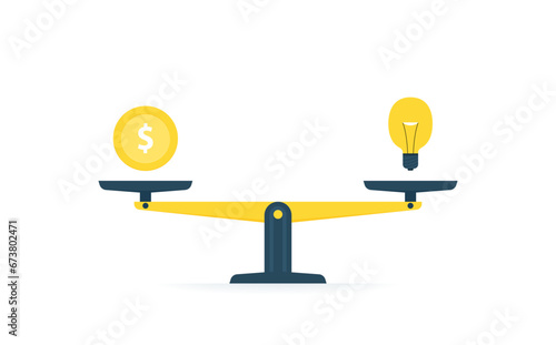 Scales in balance. Money and idea weighing concept to find a balance in life. Idea and money in balance. Vector illustration