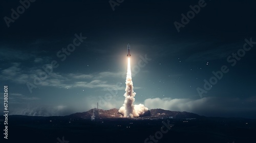 The spaceship sets off into the night sky on a mission. The rocket begins takeoff. taken from a long distance. nightfall