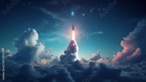 The spaceship sets off into the night sky on a mission. The rocket begins takeoff. taken from a long distance. nightfall
