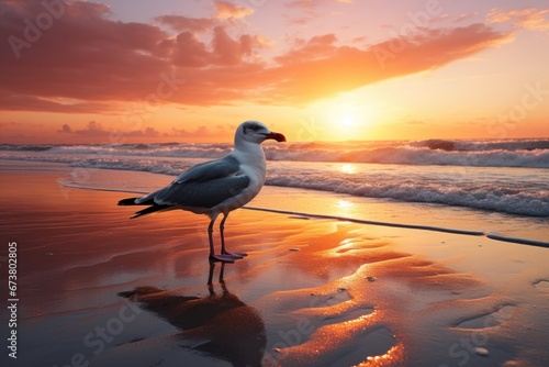 A Majestic Seagull Silhouetted Against a Fiery Sunset on the Beach