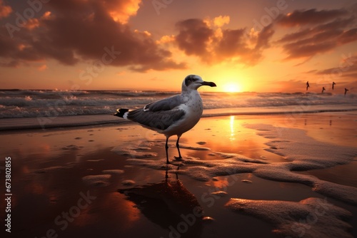 Seagull Silhouette: Majestic Bird on Serene Beach at Dusk