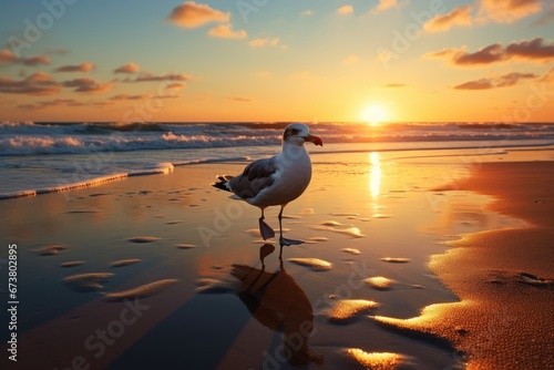 Seagull Silhouette Against Vibrant Sunset Sky Reflected on Calm Ocean Waters