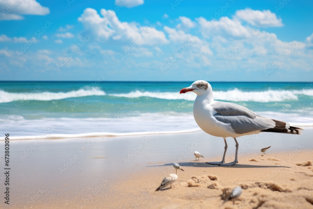 Fototapeta premium Seagull Serenity: A Majestic Bird Perched on Sandy Shores