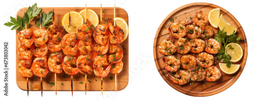 Set of two wooden plates with grilled shrimp skewers with garlic butter, top view, isolated on transparent background