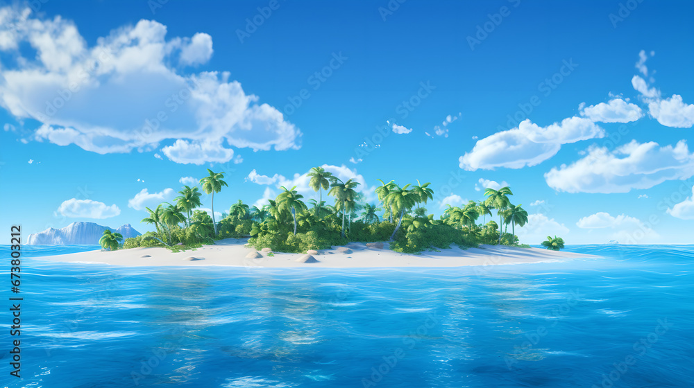 Serene Island Paradise; Tropical beach, clear blue water, lush palms; Vacation and Travel Concept Art, Generative AI
