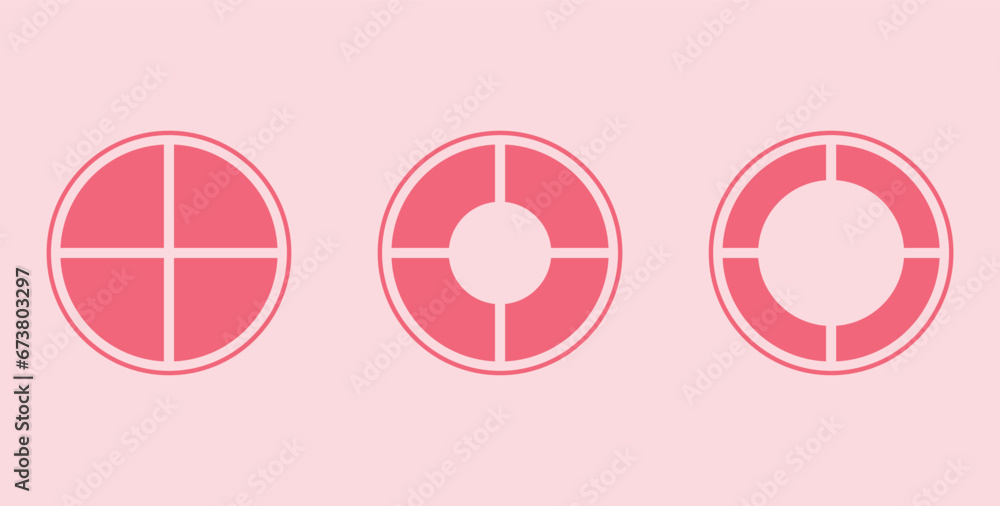 Set of four parts of circle. Pie chart with four same size sectors. Circle quarter. Mathematics resources for teachers and students. Vector illustration isolated on white background. Set of four parts of circle. Pie chart with four same size sectors. Circle quarter. Mathematics resources for teachers and students. Vector illustration isolated on white background.