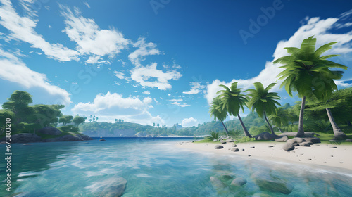 Serene Tropical Beachscape, Lush Palms and Crystal Clear Waters, Vacation Concept Art, Generative AI © Crowcat