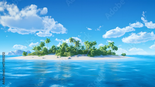 Serene Island Paradise; Tropical beach, clear blue water, lush palms; Vacation and Travel Concept Art, Generative AI