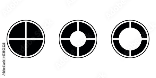 Set of four parts of circle. Pie chart with four same size sectors. Circle quarter. Mathematics resources for teachers and students. Vector illustration isolated on white background.