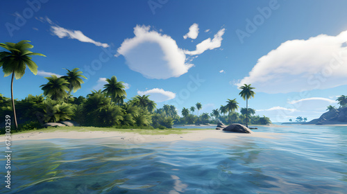 Tropical Serenity: Pristine Beach, Clear Waters, Lush Palms, Vacation and Travel Concept Art, Generative AI