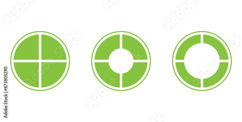 Set of four parts of circle. Pie chart with four same size sectors. Circle quarter. Mathematics resources for teachers and students. Vector illustration isolated on white background.