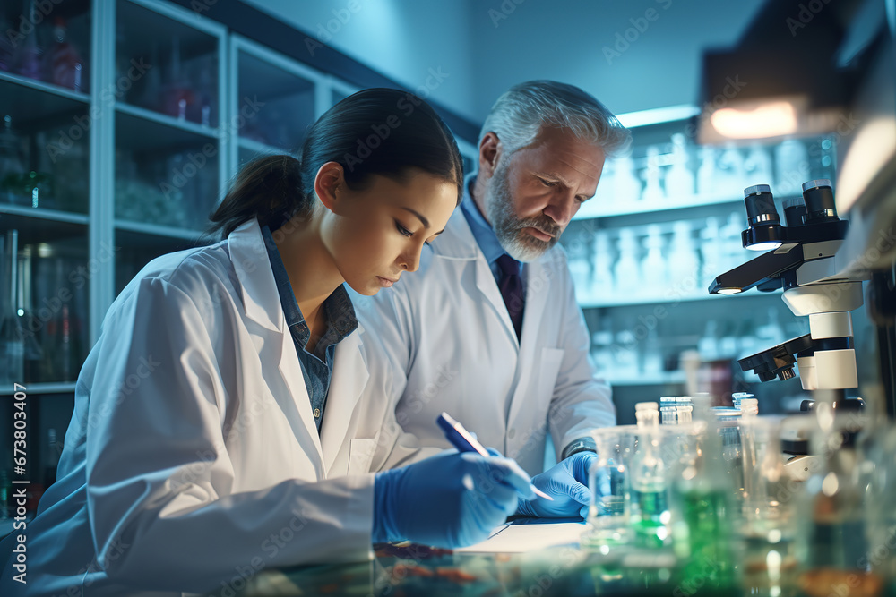Health care researchers working in science laboratory. Young female research scientist and senior male supervisor preparing and analyzing microscope slides in research lab. Health care researchers working in science laboratory. Young female research scientist and senior male supervisor preparing and analyzing microscope slides in research lab.