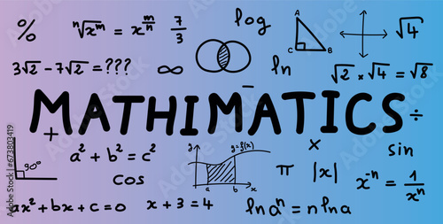 Scientific background with mathematical formulas. Mathematics equations and formula. Geometry background, formulas, shapes and graphics. Math resources for teachers and students. Vector illustration.