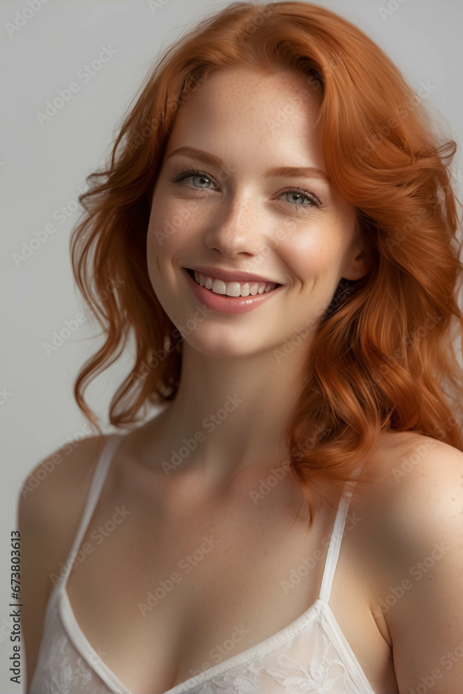 woman in white sexy underwear reddish hair, with smooth healthy skin for advertising design. caucasian Beautiful young woman, beauty, health, skin care,  cosmetics and underwear