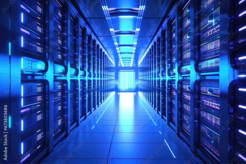 Rows of Servers in a Data Center Illuminated by Blue Lights