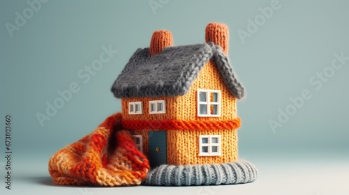 model of a house wearing a knitted cap and a scarf, concept: Energy crisis, copy space, 16:9 photo