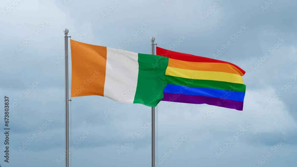 LGBT movement flag also Gay Pride and Ivory Coast, Cote d'Ivoire flag waving in the wind cycle looped video, tolerance conception in country LGBT movement flag also Gay Pride and Ivory Coast, Cote d'Ivoire flag waving in the wind cycle looped video, tolerance conception in country