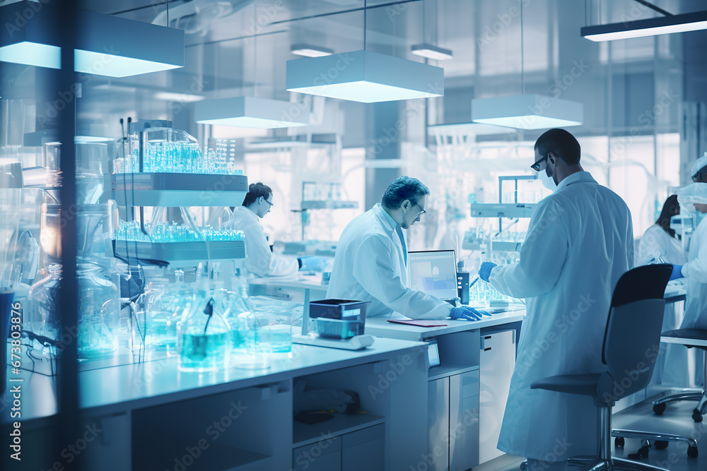 Team of medical research scientists collectively working on a new generation experimental drug treatment. Laboratory looks busy, bright and modern. Team of medical research scientists collectively working on a new generation experimental drug treatment. Laboratory looks busy, bright and modern.