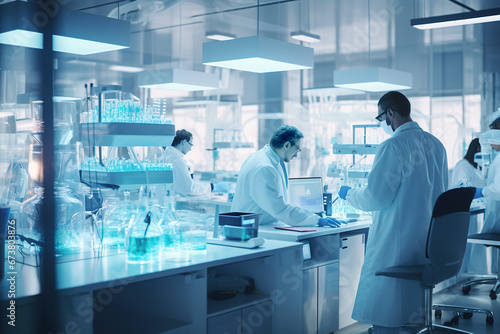 Team of medical research scientists collectively working on a new generation experimental drug treatment. Laboratory looks busy, bright and modern.