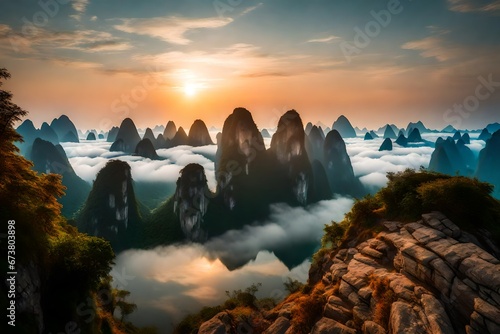 Sunrise over the clouds with karst formation mountains in Guilin