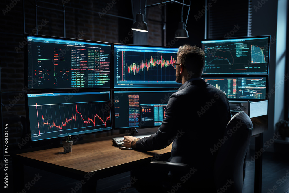 Financial analysts working on a computers with multi-monitor workstations with real-time stocks, commodities and exchange market charts. Financial analysts working on a computers with multi-monitor workstations with real-time stocks, commodities and exchange market charts.