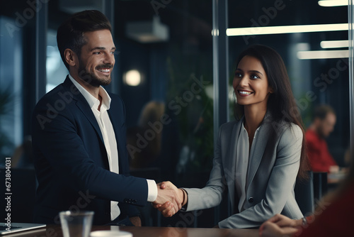 Two business people shaking hands together after succused working while sitting at office. Business person shaking hands together for business deal. Teamwork concept