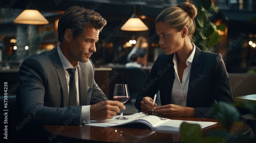 Two business professionals in a heated discussion over lunch in a posh restaurant. Wine glasses and documents on table.