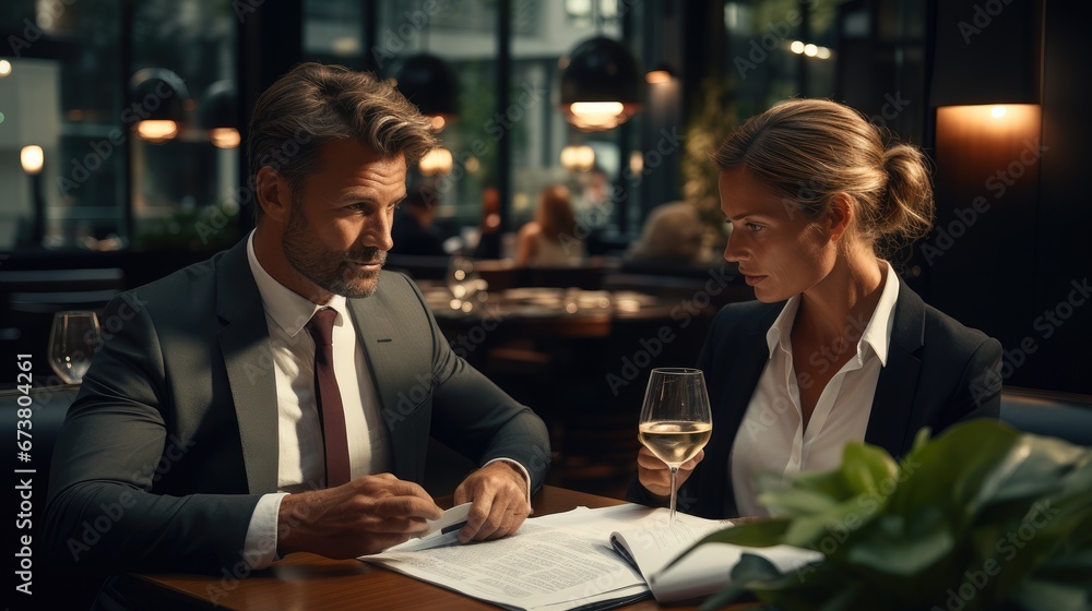 Two business professionals in a heated discussion over lunch in a posh restaurant. Wine glasses and documents on table.