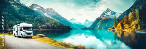 Motorhome is driving down a road in beautiful countryside among pine trees and with snow-capped mountains in the background. Traveling in a camper through the wilderness. Generative AI