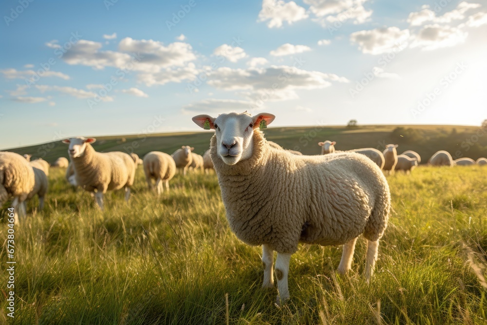 Fototapeta premium A Majestic Herd of Sheep Grazing on a Vibrant, Verdant Meadow