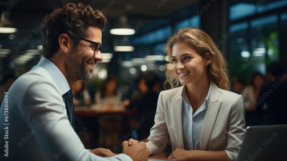 Two company employees engaged in a conversation with smiles.