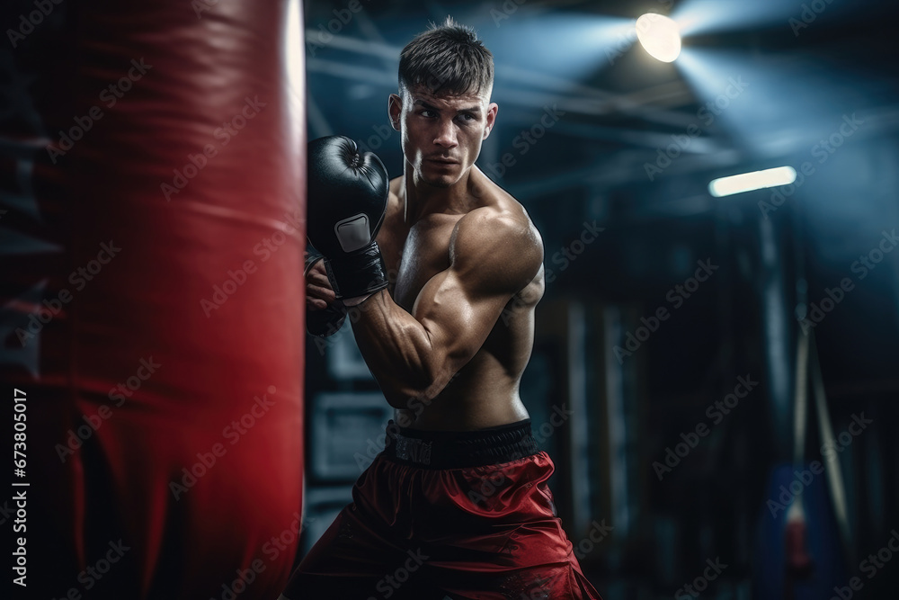 A Determined Man Training His Boxing Skills Next to a Punching Bag