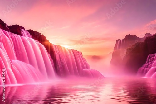 Side view of stepped waterfall group at sunrise in pink sky.