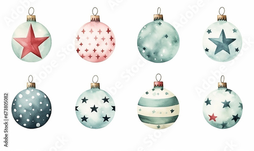 Set of cartoon aquarel Christmas balls for greeting card or stickers. Beautiful set color ornate balls. New year design elements. Decorations for Christmas tree. Watercolor illustration.