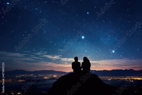 Fotografia Two People Gazing at the Night Sky on a Serene Hilltop