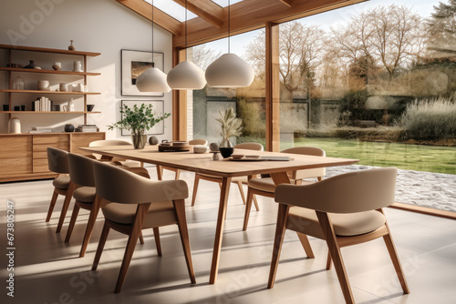 Wooden chairs and table dining in a modern room, Dining area. © visoot