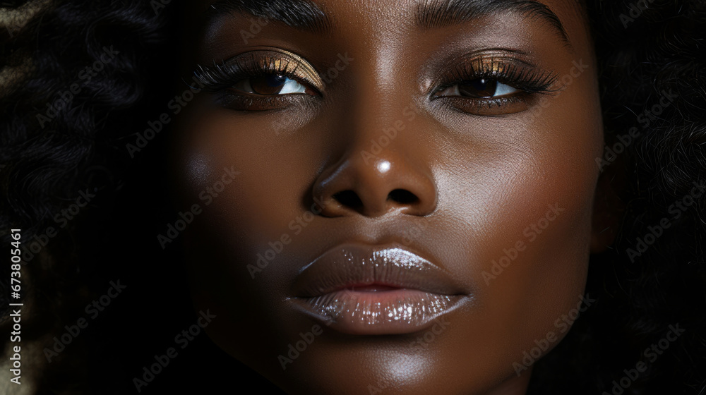 Macro close-up of model face. Make-up, smooth skin, curly hair. Fashion, editorial concept. Macro close-up of model face. Make-up, smooth skin, curly hair. Fashion, editorial concept.