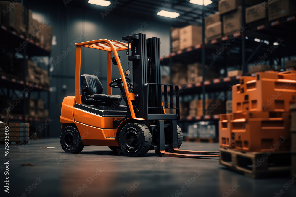 An Orange Forklift in a Warehouse with Pallets