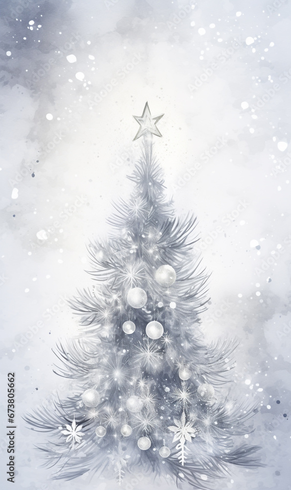 Christmas card, print, postcard, banner and poster. Shining illustration for New Year with copy space. Silver aquarel Christmas background with glitter, decor snowflakes and silver Christmas tree.