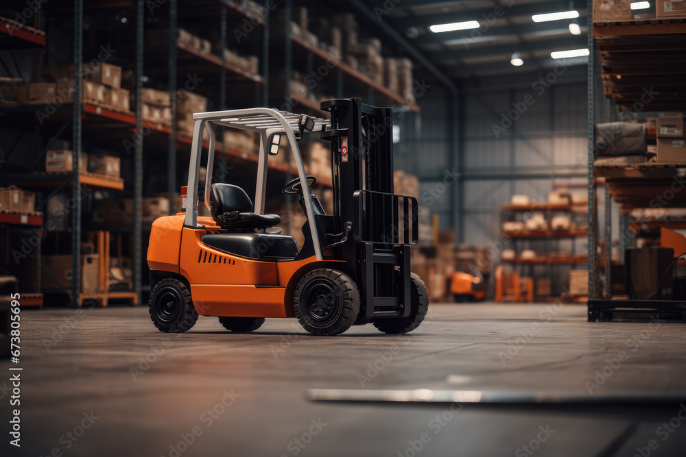 An Orange Forklift in a Warehouse With Pallets