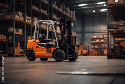 An Orange Forklift in a Warehouse With Pallets © pham