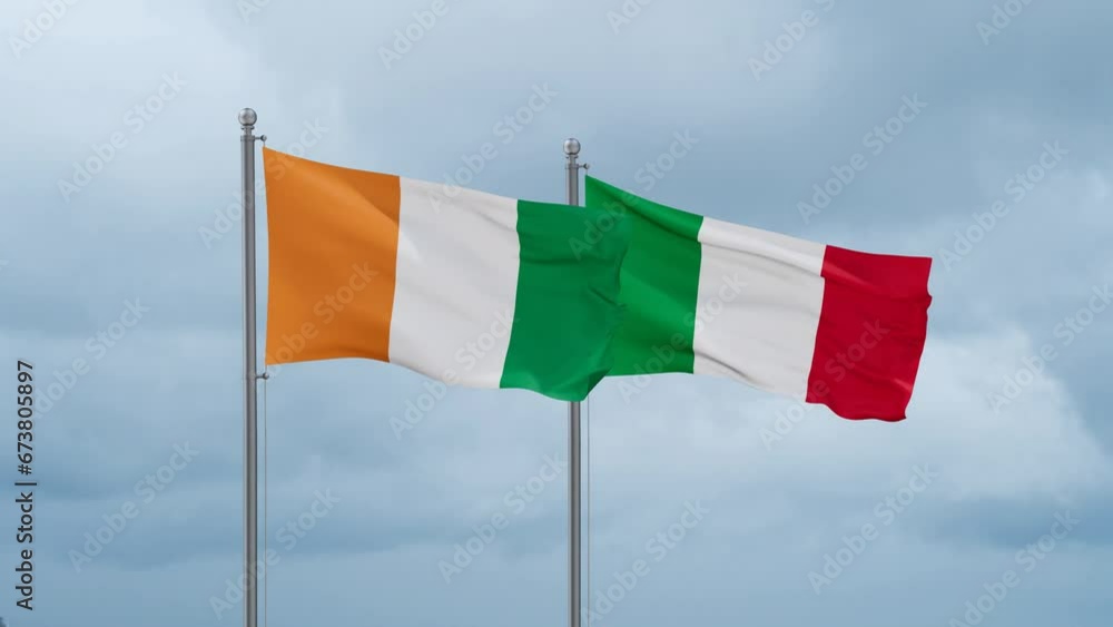 Italy and Ivory Coast, Cote d'Ivoire flag waving together on cloudy sky, endless seamless loop, two country cooperation concept Italy and Ivory Coast, Cote d'Ivoire flag waving together on cloudy sky, endless seamless loop, two country cooperation concept