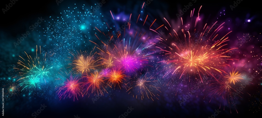 HAPPY NEW YEAR 2024 - Firework silvester New Year's Eve Party festival celebration holiday background banner greeting card - Closeup of colorful fireworks pyrotechnics in the night - obrazy, fototapety, plakaty 