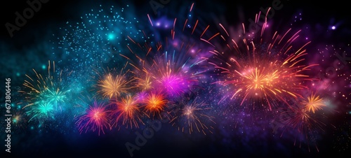 HAPPY NEW YEAR 2024 - Firework silvester New Year's Eve Party festival celebration holiday background banner greeting card - Closeup of colorful fireworks pyrotechnics in the night