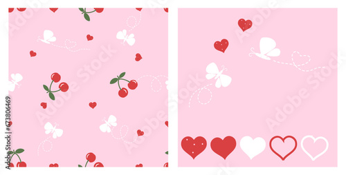 Seamless pattern of cherry fruit, red heart and butterfly cartoon on pink background. Red heart icon set and white butterfly cartoon on pink background vector.