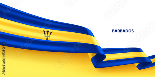 Barbados 3D ribbon flag. Bent waving 3D flag in colors of the Barbados national flag. National flag background design.