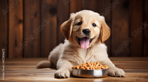 Dog with food in bowl. Pets food concept. Dry food in granules